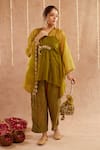 Buy_Label Muslin_Green Satin Silk Embellished Coin V Neck Detailed Kaftan Set With Potli _at_Aza_Fashions