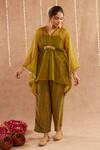 Label Muslin_Green Satin Silk Embellished Coin V Neck Detailed Kaftan Set With Potli _at_Aza_Fashions