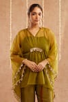 Shop_Label Muslin_Green Satin Silk Embellished Coin V Neck Detailed Kaftan Set With Potli 