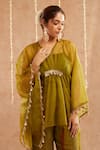 Label Muslin_Green Satin Silk Embellished Coin V Neck Detailed Kaftan Set With Potli _Online