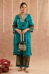 Buy_Label Muslin_Blue Satin Silk Embellished Gota V Neck Jashn-e-phirozi Kurta Set With Potli _at_Aza_Fashions