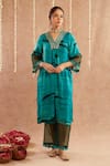 Label Muslin_Blue Satin Silk Embellished Gota V Neck Jashn-e-phirozi Kurta Set With Potli _at_Aza_Fashions