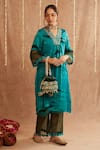 Shop_Label Muslin_Blue Satin Silk Embellished Gota V Neck Jashn-e-phirozi Kurta Set With Potli 