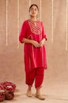 Shop_Label Muslin_Pink Satin Silk Embellished Gota Key Hole Noor-e-gul Kurta Set With Potli _Online_at_Aza_Fashions