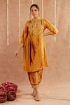 Buy_Label Muslin_Yellow Satin Silk Embellished Gota Key Hole Kesar Noor Kurta Set With Potli _at_Aza_Fashions