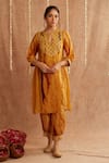 Shop_Label Muslin_Yellow Satin Silk Embellished Gota Key Hole Kesar Noor Kurta Set With Potli _Online_at_Aza_Fashions