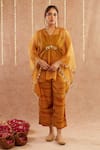 Buy_Label Muslin_Yellow Satin Silk Embellished Shell V-neck Sheer Kaftan Pant Set _Online_at_Aza_Fashions