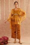 Shop_Label Muslin_Yellow Satin Silk Embellished Shell V-neck Sheer Kaftan Pant Set _Online_at_Aza_Fashions