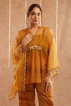 Shop_Label Muslin_Yellow Satin Silk Embellished Shell V-neck Sheer Kaftan Pant Set 