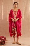 Buy_Label Muslin_Fuchsia Satin Silk Embellished Gota Roshan Gulab Shaded Kaftan Tulip Pant Set _at_Aza_Fashions