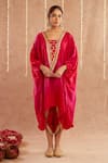 Buy_Label Muslin_Fuchsia Satin Silk Embellished Gota Roshan Gulab Shaded Kaftan Tulip Pant Set _Online_at_Aza_Fashions