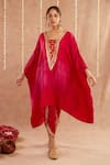 Shop_Label Muslin_Fuchsia Satin Silk Embellished Gota Roshan Gulab Shaded Kaftan Tulip Pant Set _Online_at_Aza_Fashions