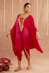 Buy_Label Muslin_Fuchsia Satin Silk Embellished Gota Roshan Gulab Shaded Kaftan Tulip Pant Set 