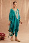 Buy_Label Muslin_Blue Satin Silk Embellished Gota Lace Square Jashn Tassel Kaftan Tulip Pant Set _at_Aza_Fashions