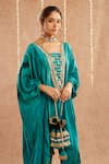 Label Muslin_Blue Satin Silk Embellished Gota Lace Square Jashn Tassel Kaftan Tulip Pant Set _at_Aza_Fashions