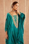 Buy_Label Muslin_Blue Satin Silk Embellished Gota Lace Square Jashn Tassel Kaftan Tulip Pant Set 