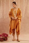 Buy_Label Muslin_Yellow Satin Silk Embellished Gota Lace Genda Asymmetric Kaftan Tulip Pant Set _Online_at_Aza_Fashions