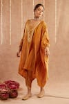 Shop_Label Muslin_Yellow Satin Silk Embellished Gota Lace Genda Asymmetric Kaftan Tulip Pant Set _Online_at_Aza_Fashions