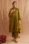 Buy_Label Muslin_Green Satin Silk Embellished Gota Lace Mahtab Coin Gathered Kurta Pant Set _at_Aza_Fashions