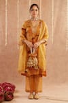 Buy_Label Muslin_Yellow Satin Silk Embellished Gota Lace V-neck Sahab Striped Kurta Pant Set _at_Aza_Fashions