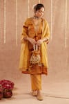 Label Muslin_Yellow Satin Silk Embellished Gota Lace V-neck Sahab Striped Kurta Pant Set _Online_at_Aza_Fashions