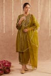 Buy_Label Muslin_Green Satin Silk Embellished Gota Lace Keyhole Mehboob Kurta Harem Pant Set _at_Aza_Fashions