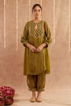 Shop_Label Muslin_Green Satin Silk Embellished Gota Lace Keyhole Mehboob Kurta Harem Pant Set _Online_at_Aza_Fashions