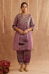 Shop_Label Muslin_Purple Satin Silk Embellished Gota Lace Jalwa Striped Kurta Harem Pant Set _Online_at_Aza_Fashions