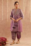 Label Muslin_Purple Satin Silk Embellished Gota Lace Jalwa Striped Kurta Harem Pant Set _at_Aza_Fashions