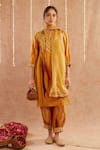 Buy_Label Muslin_Yellow Satin Silk Embellished Gota Kesar Noor Striped Kurta Harem Pant Set _at_Aza_Fashions