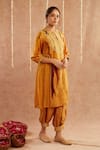 Shop_Label Muslin_Yellow Satin Silk Embellished Gota Kesar Noor Striped Kurta Harem Pant Set _Online_at_Aza_Fashions