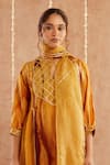 Label Muslin_Yellow Satin Silk Embellished Gota Kesar Noor Striped Kurta Harem Pant Set _at_Aza_Fashions