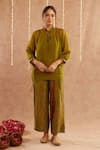 Buy_Label Muslin_Green Satin Silk Embellished Ghunghroo Mandarin Collar Tunic Top With Pant _at_Aza_Fashions