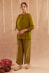 Shop_Label Muslin_Green Satin Silk Embellished Ghunghroo Mandarin Collar Tunic Top With Pant _Online_at_Aza_Fashions