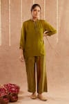 Label Muslin_Green Satin Silk Embellished Ghunghroo Mandarin Collar Tunic Top With Pant _at_Aza_Fashions