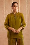 Buy_Label Muslin_Green Satin Silk Embellished Ghunghroo Mandarin Collar Tunic Top With Pant 