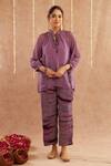 Buy_Label Muslin_Purple Satin Silk Embellished Ghunghroo Mandarin Tunic Top With Striped Pant _at_Aza_Fashions