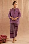 Buy_Label Muslin_Purple Satin Silk Embellished Ghunghroo Mandarin Tunic Top With Striped Pant _Online_at_Aza_Fashions