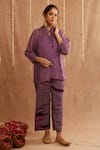 Label Muslin_Purple Satin Silk Embellished Ghunghroo Mandarin Tunic Top With Striped Pant _at_Aza_Fashions