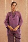 Buy_Label Muslin_Purple Satin Silk Embellished Ghunghroo Mandarin Tunic Top With Striped Pant 