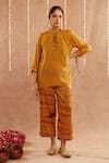 Buy_Label Muslin_Yellow Satin Silk Embellished Ghunghroo Mandarin Short Tunic Top With Pant _at_Aza_Fashions