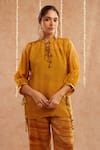 Buy_Label Muslin_Yellow Satin Silk Embellished Ghunghroo Mandarin Short Tunic Top With Pant 