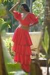 Buy_Rriso_Red Cotton Satin Plain Plunge V Neck Crop Top And Tiered Skirt Set _at_Aza_Fashions