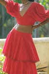 Buy_Rriso_Red Cotton Satin Plain Plunge V Neck Crop Top And Tiered Skirt Set _Online_at_Aza_Fashions