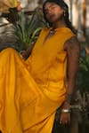 Shop_Rriso_Yellow Cotton Silk Embroidery Stitchline Thread Mandarin Collar Dress _Online_at_Aza_Fashions