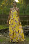 Buy_Rriso_Yellow Cotton Silk Muslin Printed Flower Asymmetric Top And Flared Pant Set _at_Aza_Fashions