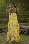 Shop_Rriso_Yellow Cotton Silk Muslin Printed Flower Asymmetric Top And Flared Pant Set _at_Aza_Fashions