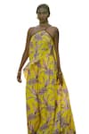 Shop_Rriso_Yellow Cotton Silk Muslin Printed Flower Asymmetric Top And Flared Pant Set _Online_at_Aza_Fashions