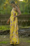 Rriso_Yellow Cotton Silk Muslin Printed Flower Asymmetric Top And Flared Pant Set _at_Aza_Fashions