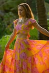 Rriso_Yellow Cotton Silk Muslin Printed Floral Square Neck Top And Skirt Set _at_Aza_Fashions